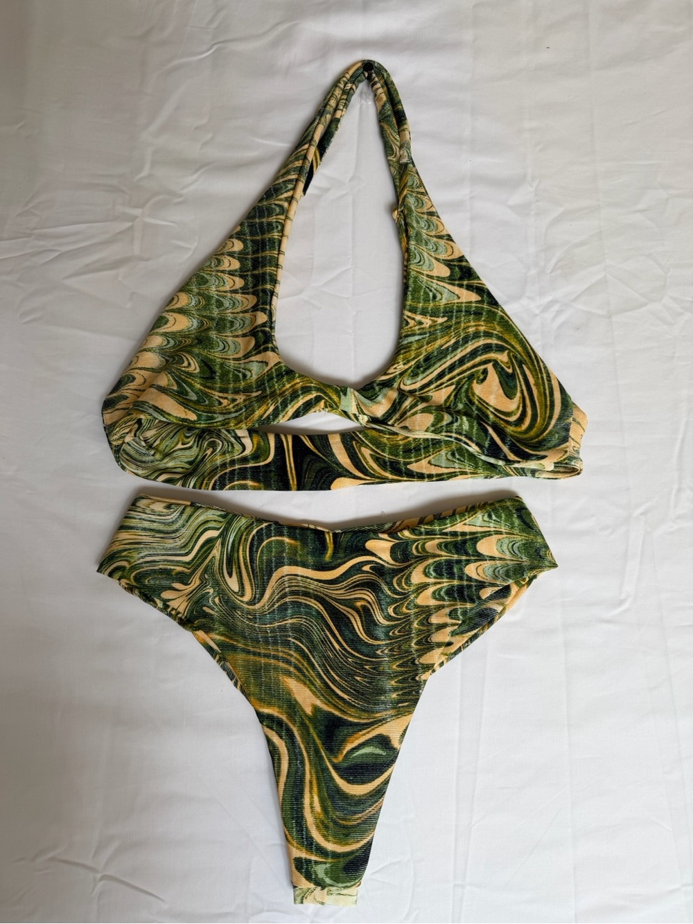 Skatie Green and Cream Marble-Print Halter Bikini